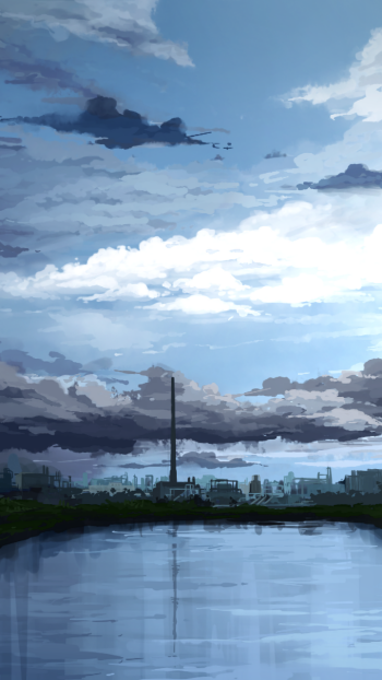 Vertical phone wallpaper: scenic anime landscape with a wide blue sky and layered clouds, distant city and smokestack reflected in calm water — Sky Anime.
