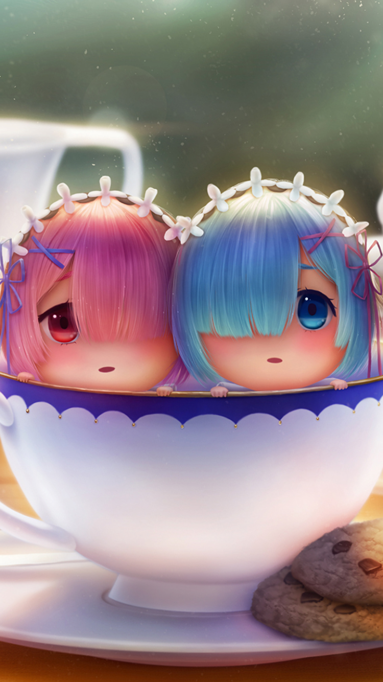 Chibi-style Ram and Rem from Re:Zero with detailed pastel colors in a teacup, designed as an anime-themed phone wallpaper for iPhone and Android devices.