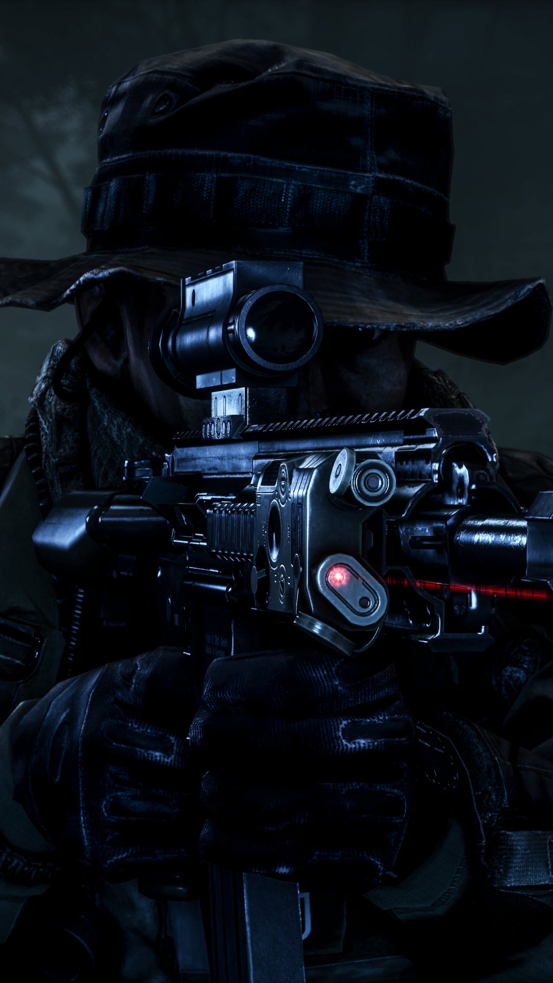 Phone wallpaper of a Battlefield 4 sniper soldier at night, aiming a scoped rifle in dark tactical gear with a subtle red scope glow.