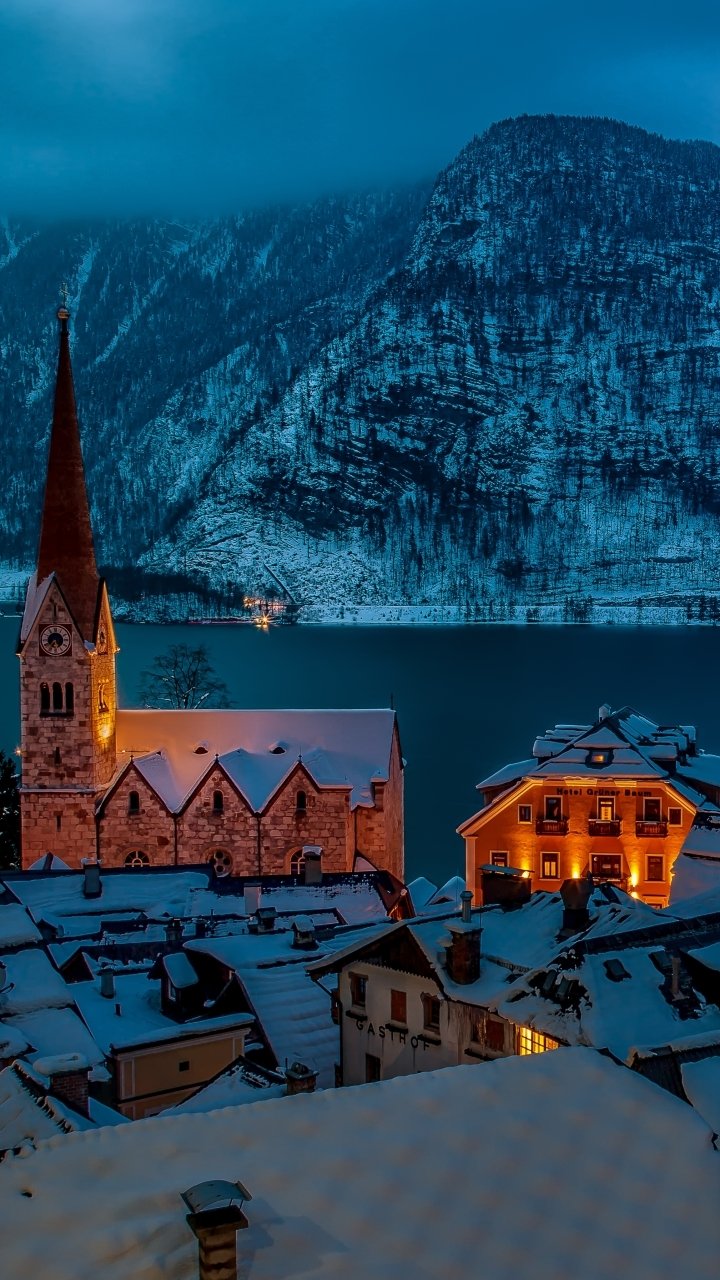 Download Mountain Snow Winter Night House Town Man Made Hallstatt Winter Night Snowy Mountain Night Snow Phone Wallpaper
