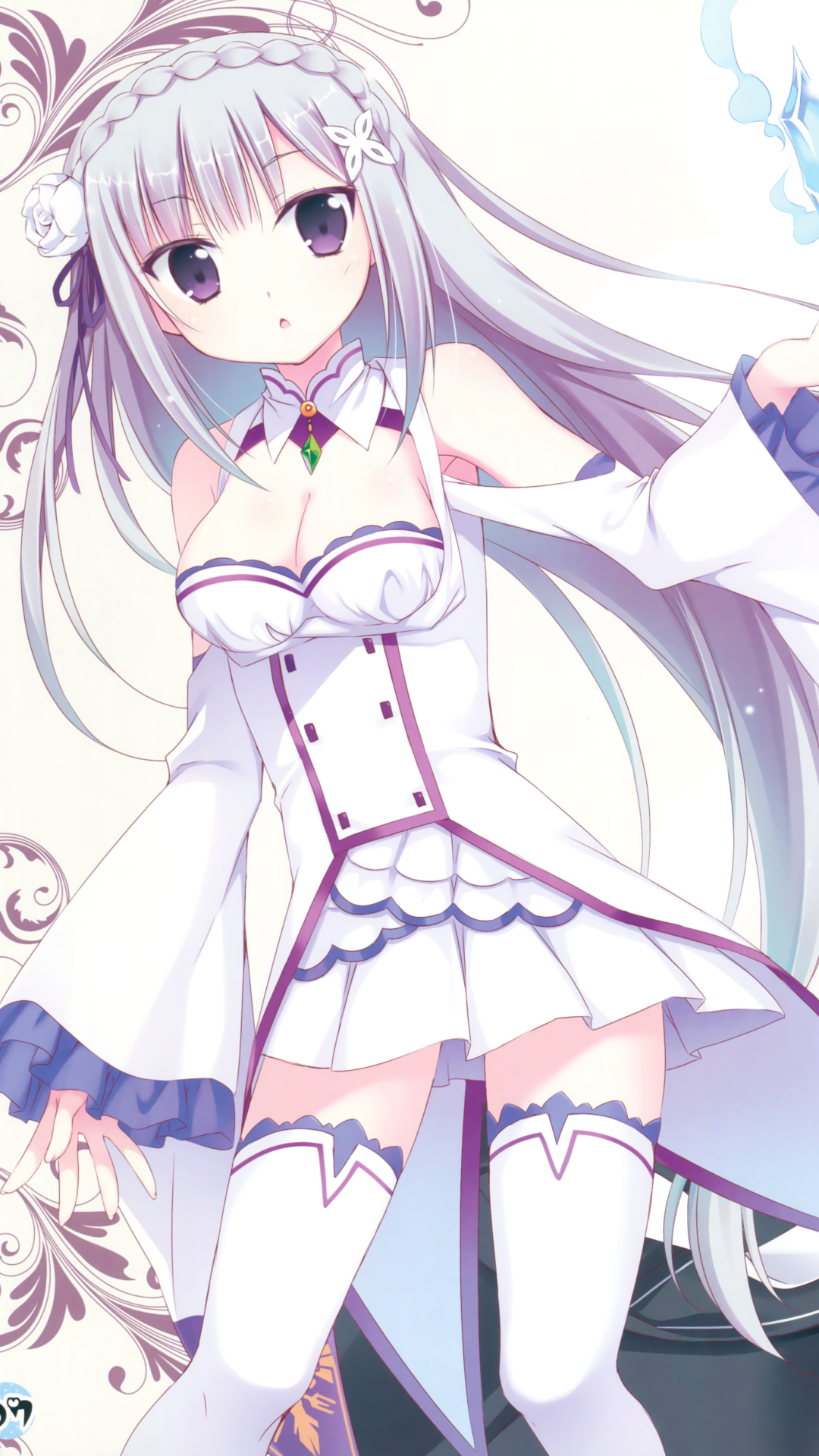 Phone wallpaper of Emilia from Re:Zero — anime portrait with long silver hair, purple eyes and a white frilled outfit; tags also reference Rem and Ram.
