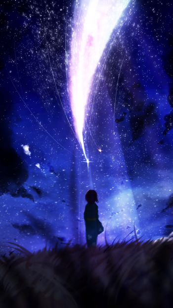 Anime-style phone wallpaper featuring Mitsuha Miyamizu from Your Name. standing in a field under a vibrant, star-filled night sky with a luminous comet streaking above.