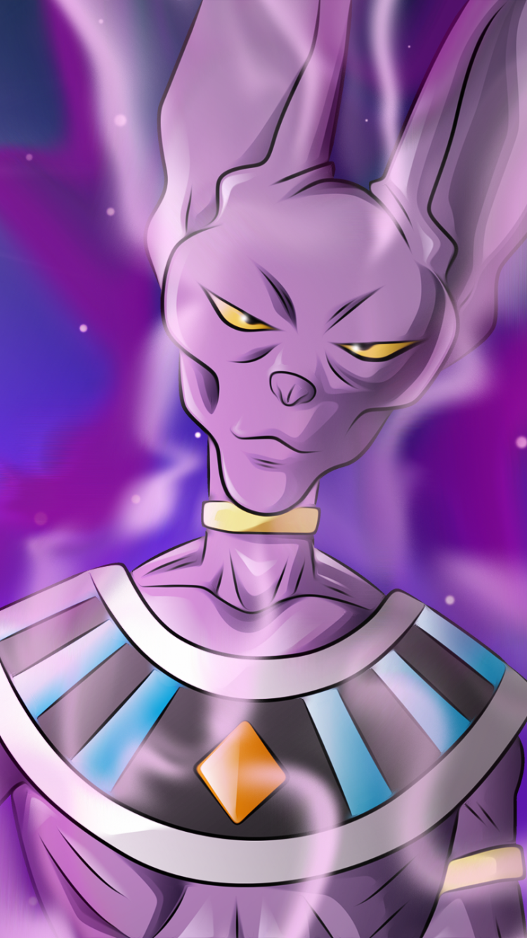 Phone wallpaper of Beerus from Dragon Ball Super: purple god-cat deity in anime style, narrowed yellow eyes, ornate collar and glowing cosmic purple background.