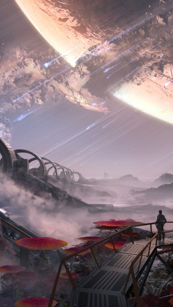 Phone wallpaper of the video game Titanfall 2: a lone figure on a metal walkway overlooking a misty alien landscape with red fungi, ruins, and a ringed gas giant filling the sky.