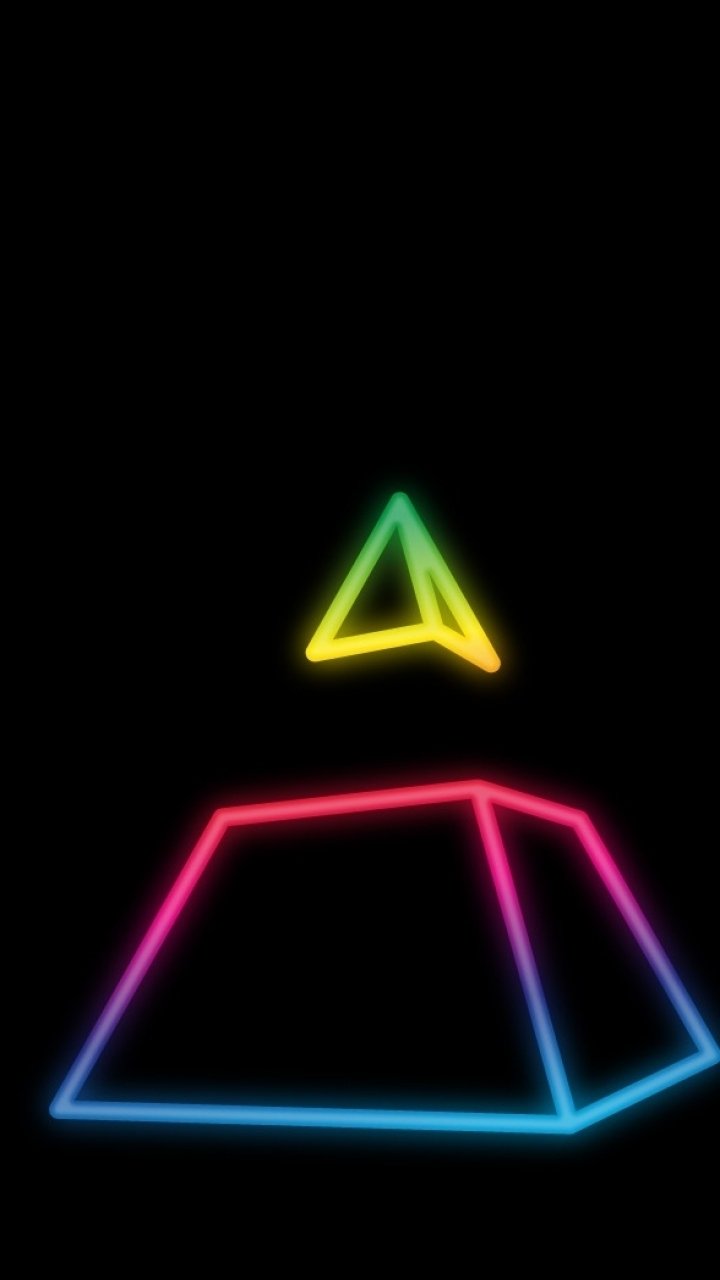 Phone wallpaper: neon-outlined pyramid and floating triangle on a black background in blue, pink and yellow — Daft Punk–inspired electronic music aesthetic.