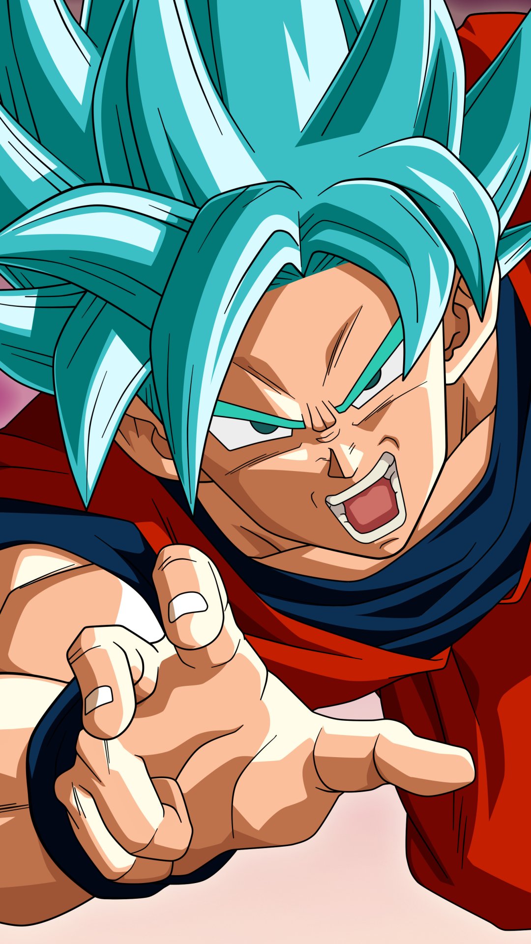 Phone wallpaper of Goku in Super Saiyan Blue from Dragon Ball Super — anime-style close-up, glowing teal hair, fierce expression and outstretched hand in a dynamic action pose.