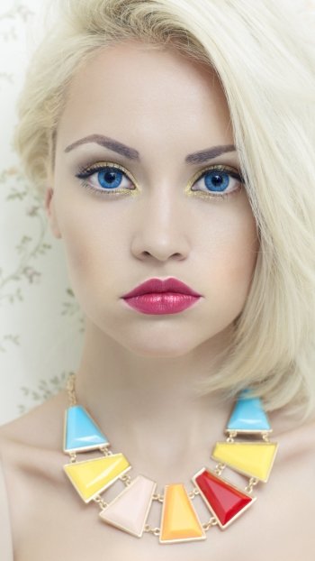 colors blue eyes necklace jewelry blonde lipstick woman face Phone Wallpaper