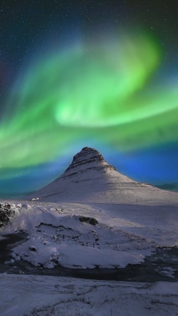 stream ice mountain winter snow light sky night nature aurora borealis winter night Phone Wallpaper