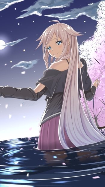 blush blue eyes cloud moon skirt cherry blossom water white hair long hair IA (Vocaloid) Anime Vocaloid Phone Wallpaper