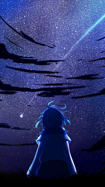 Anime-style phone wallpaper featuring Mitsuha Miyamizu from Your Name. gazing at a starry night sky with shooting stars, designed for iPhone and Android screens.