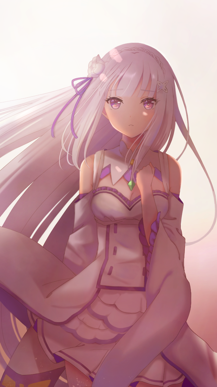 Phone wallpaper of Emilia (Re:ZERO) from Re:Zero - Starting Life in Another World: soft-lit anime portrait, long silver hair, purple eyes, and flowing white-purple outfit against a pastel background.