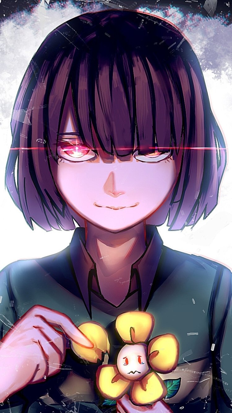 Phone wallpaper: Chara (Undertale) with a sinister smile and glowing eye, holding Flowey the flower — dark, stylized video game art.