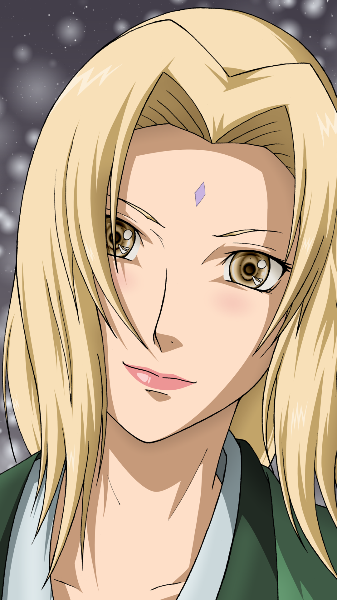 Phone wallpaper of Tsunade (Naruto): close-up of her face—blonde hair, golden eyes, forehead diamond mark, calm smile with a soft starry gray background.