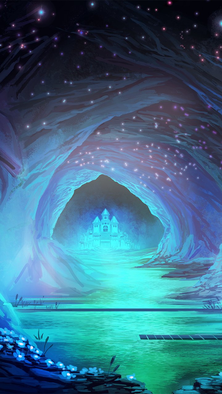 Phone wallpaper from the video game Undertale: glowing cyan river winding through a starry cavern toward a distant, faintly lit castle.