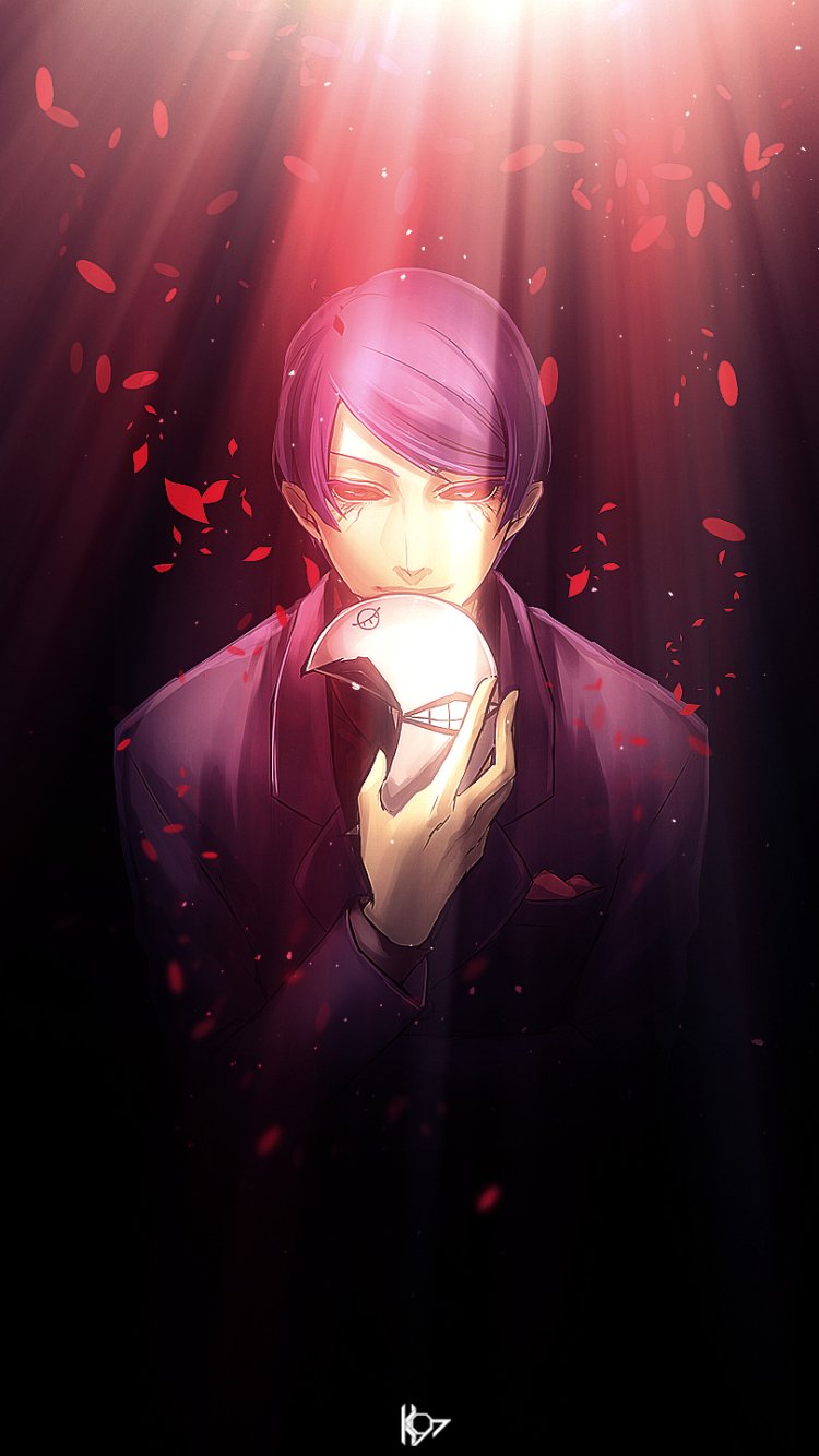 Anime-inspired Tokyo Ghoul phone wallpaper featuring a character with purple hair holding a mask, illuminated by soft red and pink light rays, compatible with iPhone and Android screens.