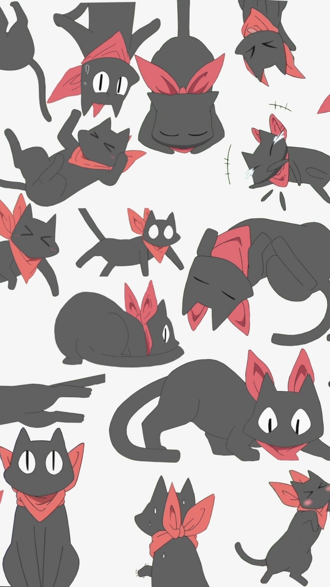 Nichijō themed phone wallpaper featuring playful cartoon cats with red bows.