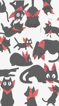 Nichijō themed phone wallpaper featuring playful cartoon cats with red bows.