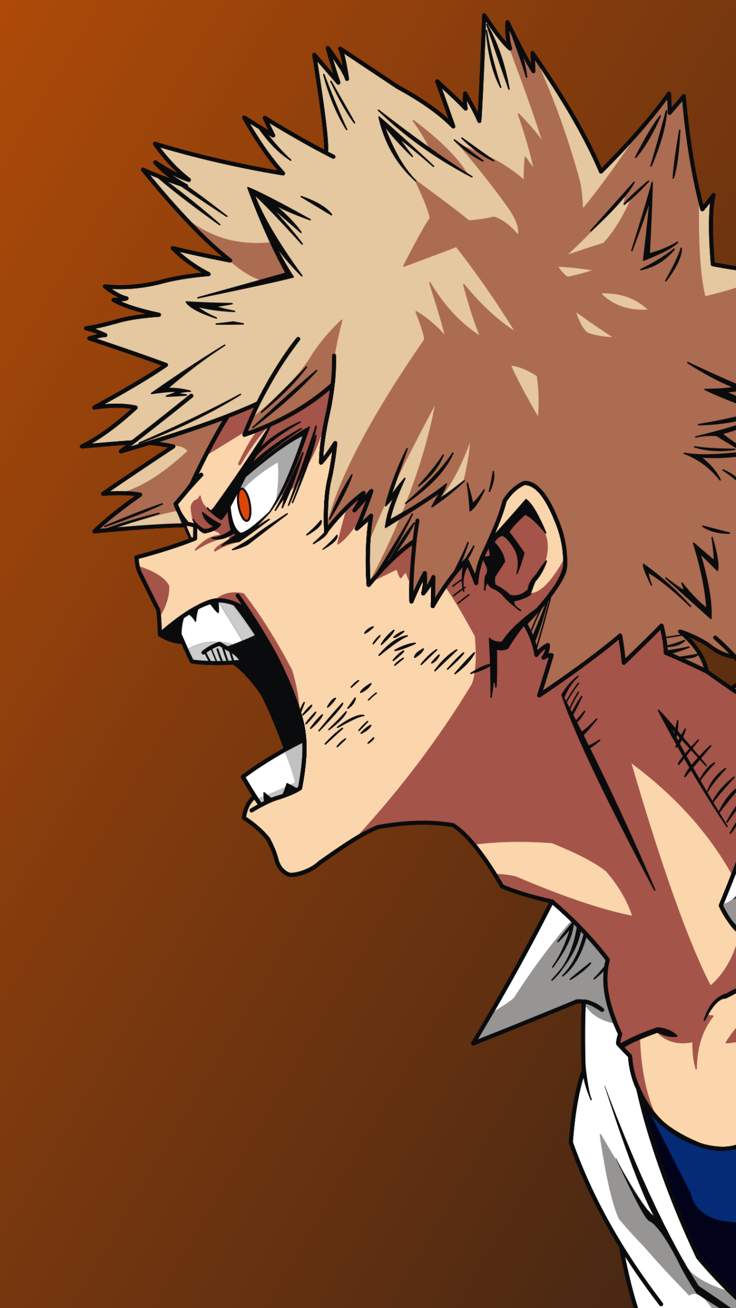 Katsuki Bakugou (My Hero Academia) yelling in profile, spiky hair and fierce expression on a warm gradient — phone wallpaper for iPhone and Android.