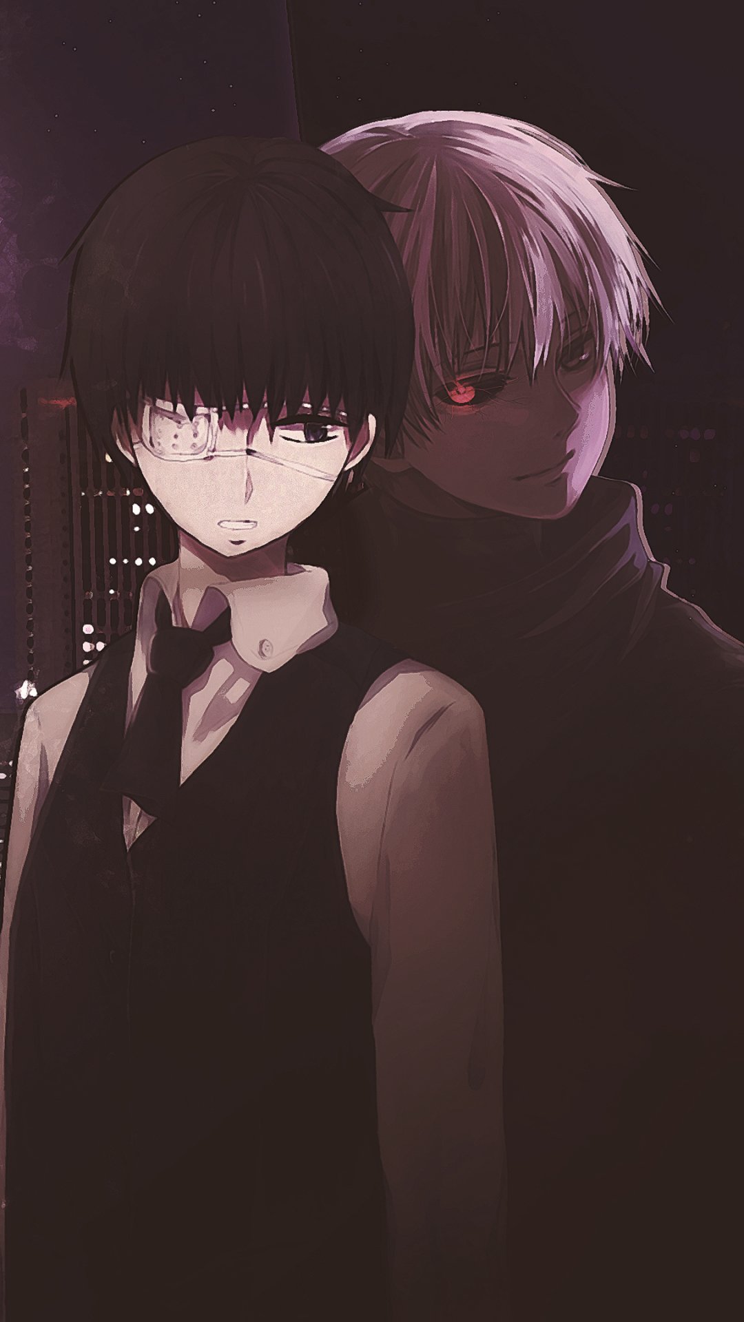 Phone wallpaper anime of Ken Kaneki from Tokyo Ghoul: split portrait of his dark-haired human self in front and white-haired, red-eyed ghoul looming against a night cityscape.