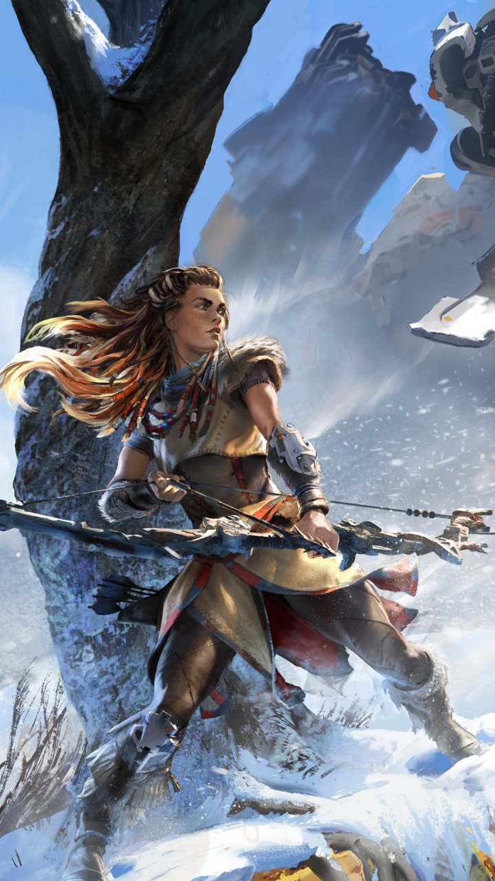 Phone wallpaper of Aloy (Horizon series, Horizon Zero Dawn): an archer on snowy cliffs, spear and bow ready against a frozen mountain backdrop.