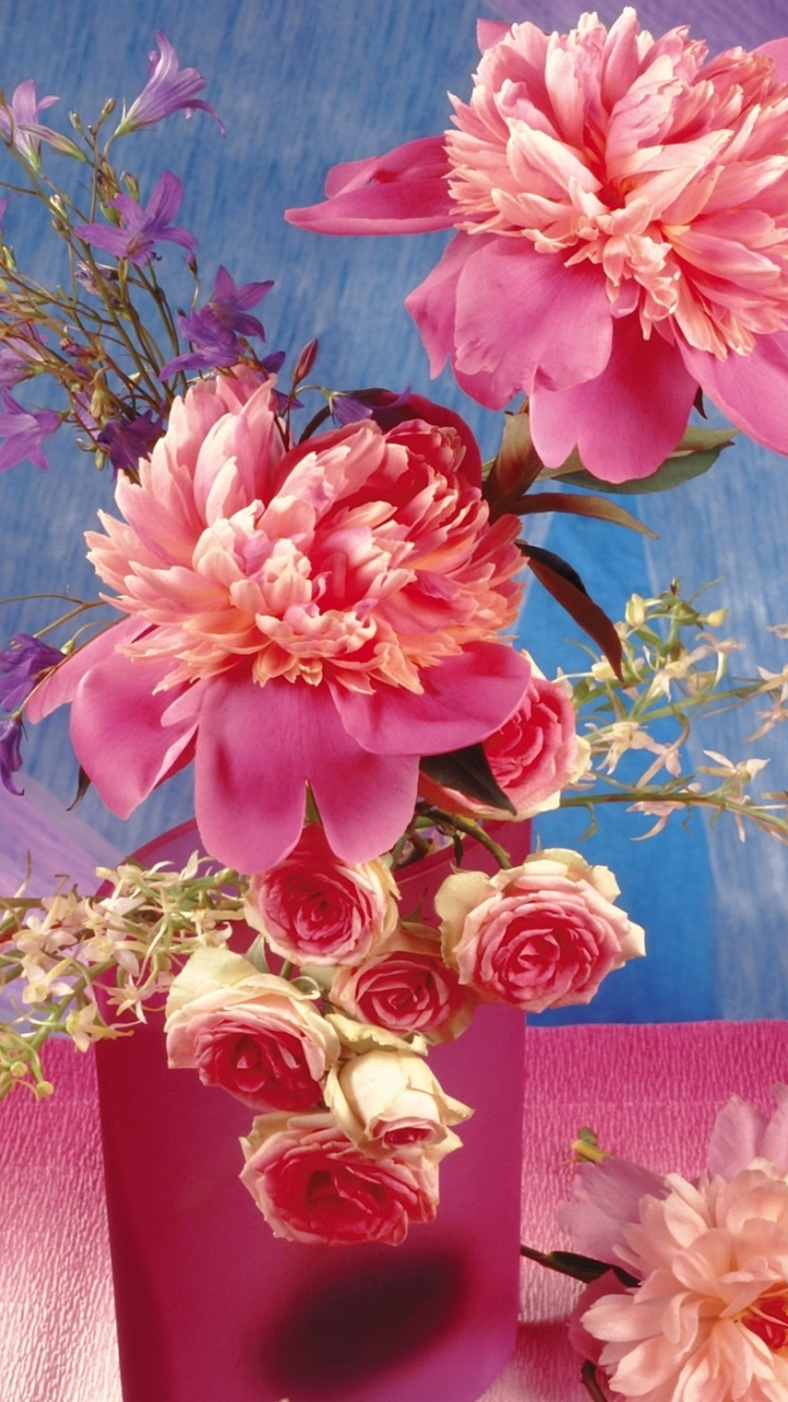 Pink Peonies and Roses in Vase