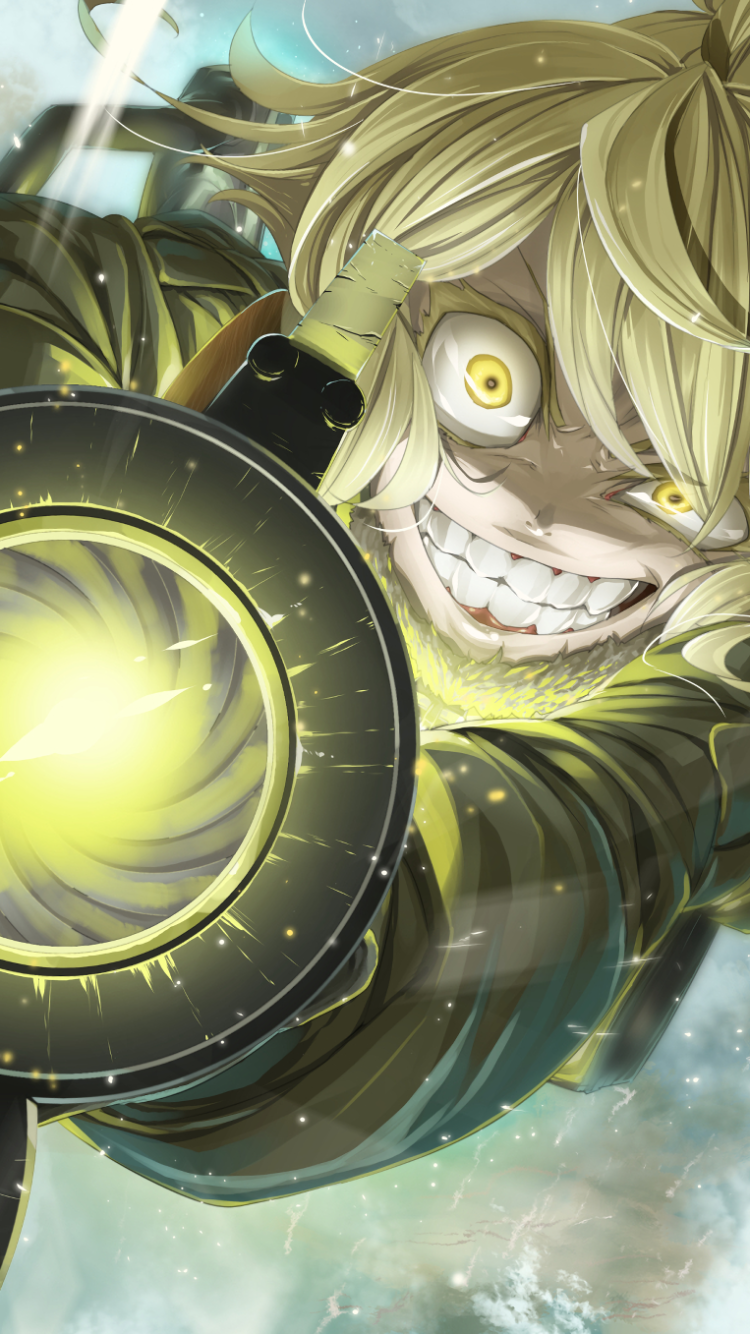 Phone wallpaper of Tanya Degurechaff (The Saga of Tanya the Evil): manic grin, glowing yellow eyes, blond hair, aiming a crackling energy cannon toward the viewer against a stormy sky.