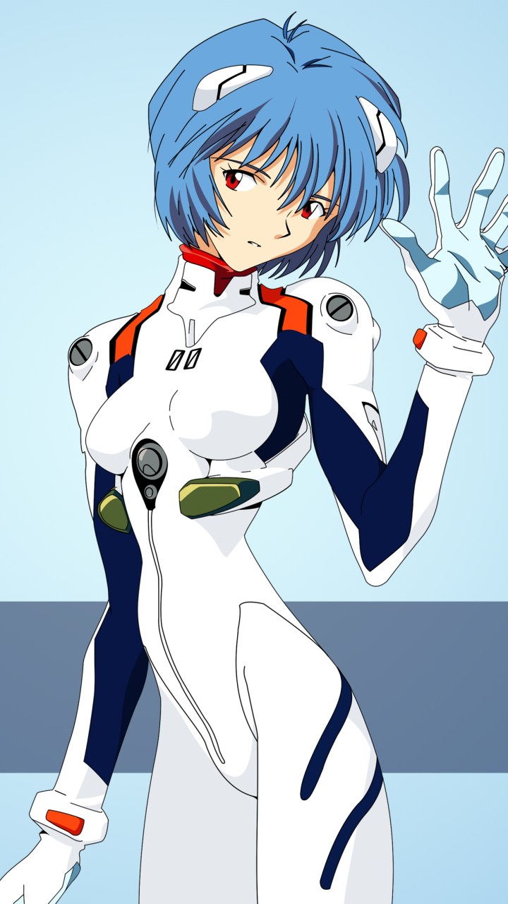 Rei Ayanami from Neon Genesis Evangelion in her iconic plugsuit poses against a simple blue background, designed as a phone wallpaper for iPhone and Android devices.