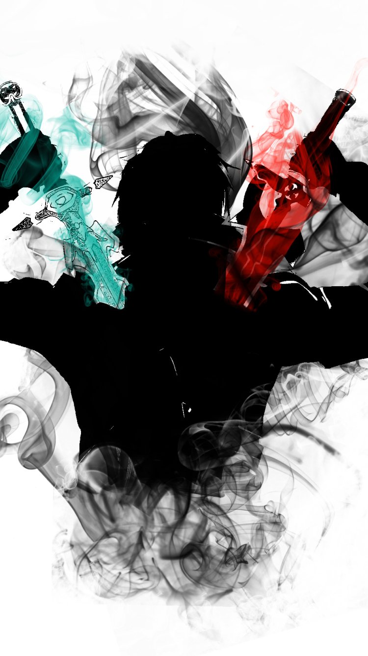 Phone wallpaper of Kirito (Kazuto Kirigaya) from Sword Art Online: black silhouette wielding two swords amid swirling teal and red smoke, bold anime-style dramatic composition.