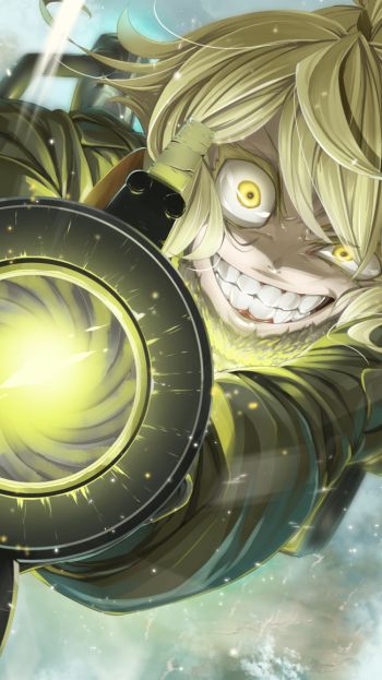 Phone wallpaper of Tanya Degurechaff (The Saga of Tanya the Evil): manic grin, glowing yellow eyes, blond hair, aiming a crackling energy cannon toward the viewer against a stormy sky.
