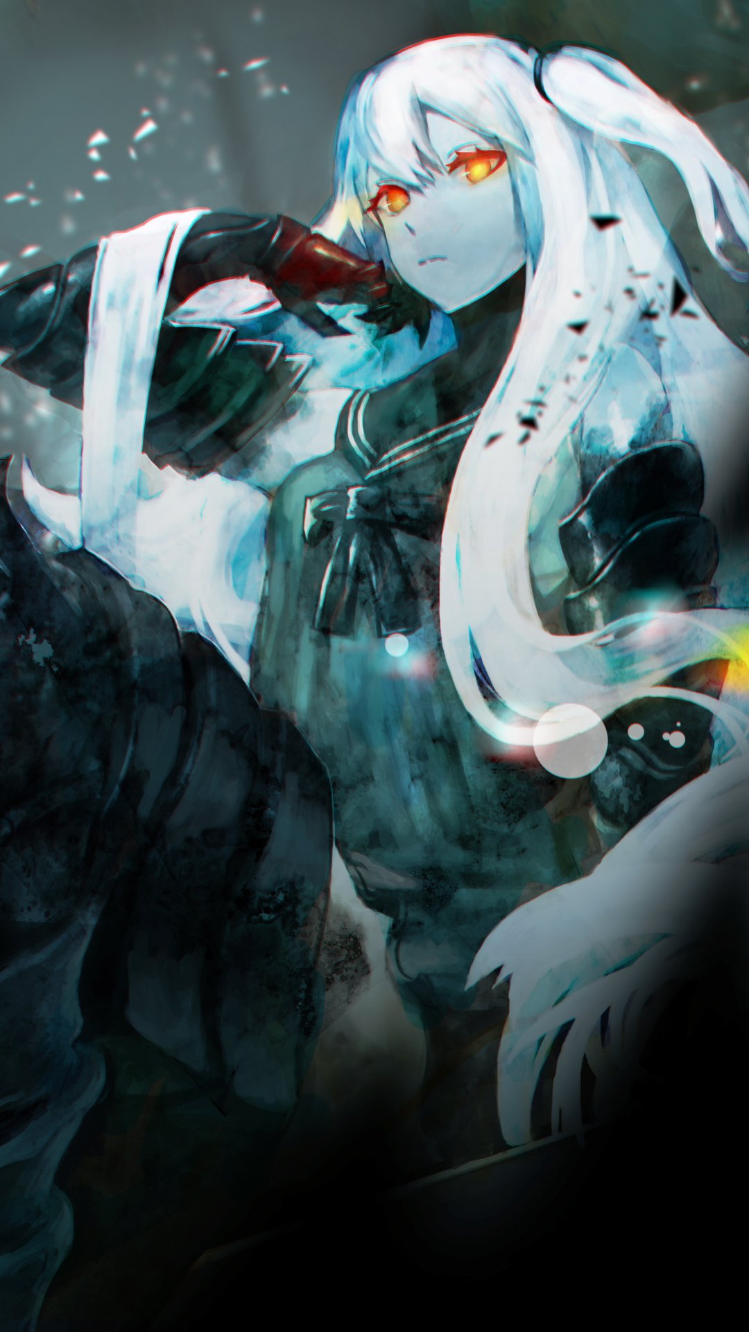 Vertical phone wallpaper of an anime Kantai Collection character: pale, long white hair, glowing orange eyes, dark naval-style uniform, moody blue-green lighting and splattered paint effects.