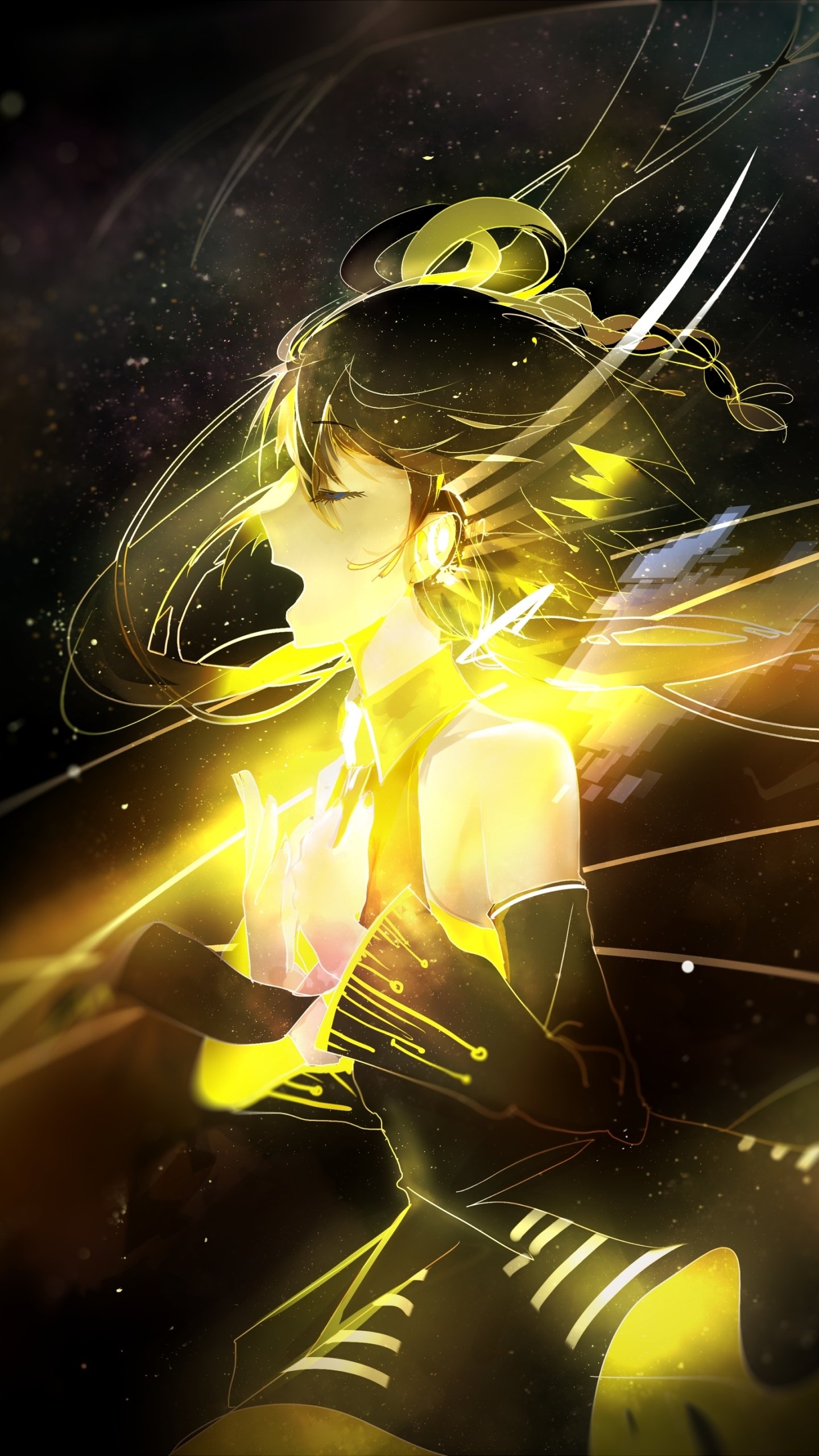 Phone wallpaper of anime Vocaloid Hatsune Miku with long twintails, golden-lit profile, flowing hair and futuristic outfit against a starry, abstract background.