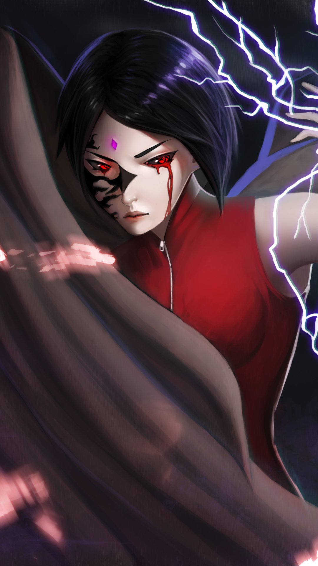 Phone wallpaper of Sarada Uchiha from the Boruto anime: intense pose, Sharingan activated with a bleeding eye mark, red outfit as purple lightning chakra crackles around her.