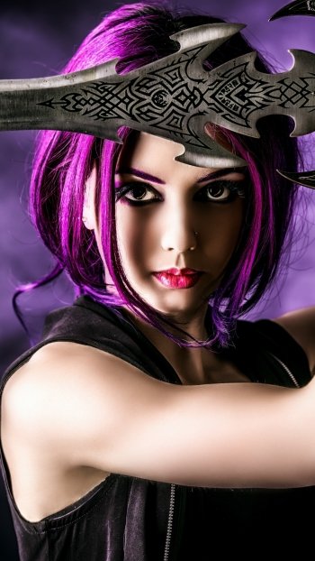 fantasy sword model crimson hair woman cosplay Phone Wallpaper