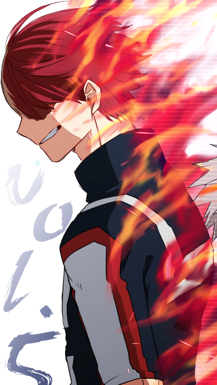 Phone wallpaper featuring Shoto Todoroki from My Hero Academia with fiery flames, alongside notable characters Ochaco Uraraka, Izuku Midoriya, Eijiro Kirishima, Tenya Iida, and Katsuki Bakugou.
