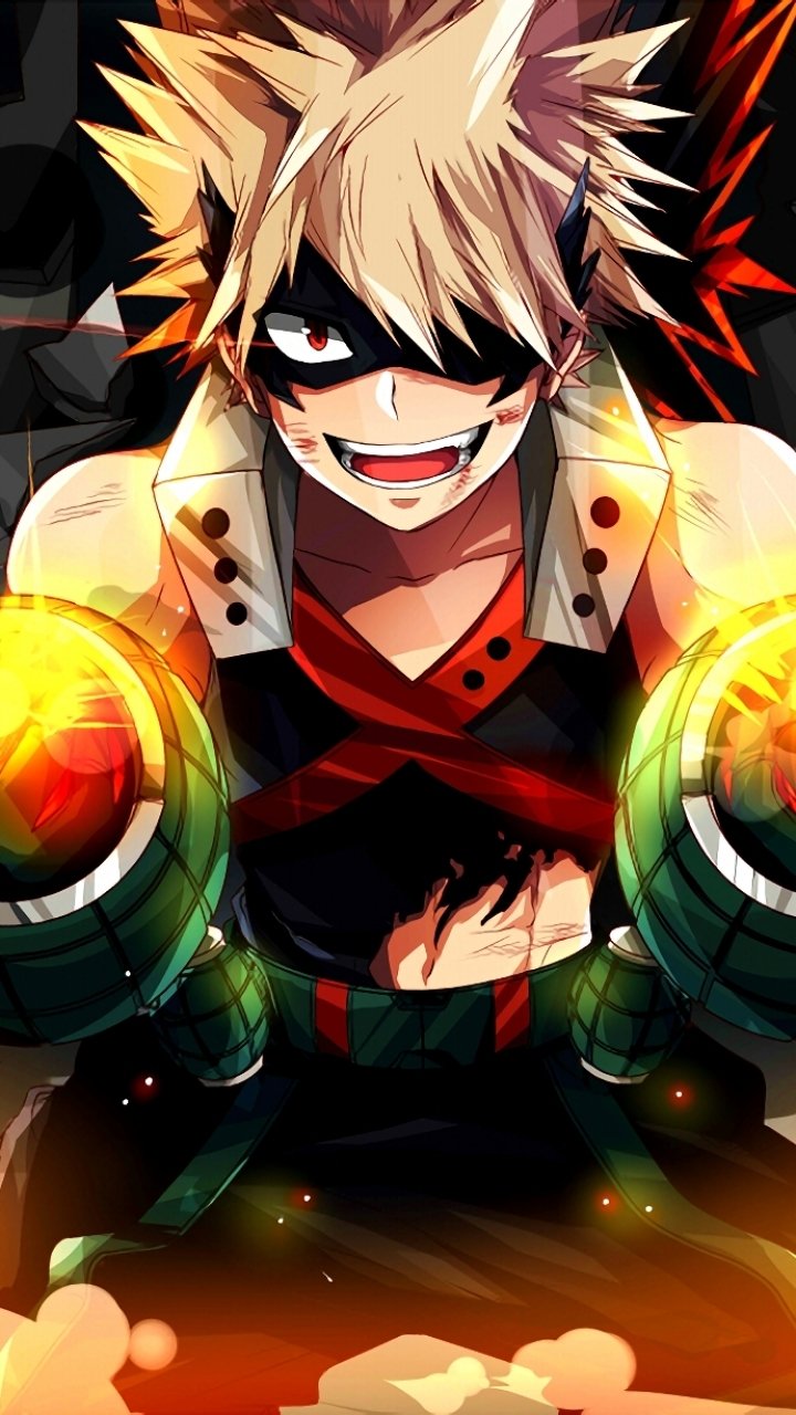 Phone wallpaper of anime character Katsuki Bakugou (My Hero Academia): fierce grin, explosive gauntlets glowing, dynamic orange-black energy.