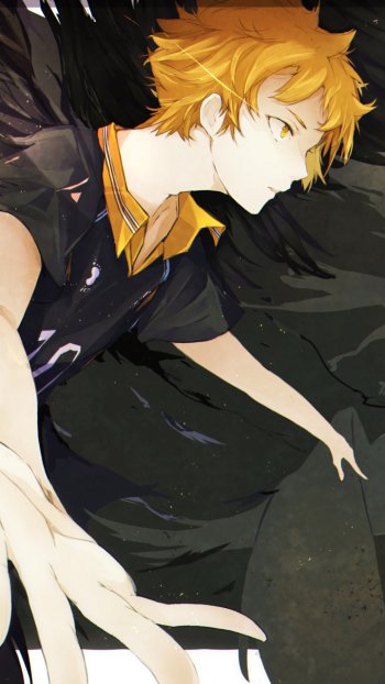 Phone wallpaper of Hinata Shoyo from Haikyū!! in his Karasuno uniform, reaching forward against a dark, textured background in anime style.