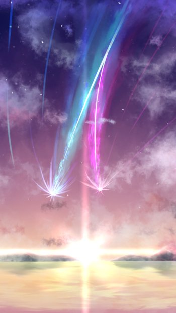 Phone wallpaper of Mitsuha Miyamizu from the anime Your Name: twin glowing comet trails, blue and pink, streak across a purple twilight sky toward a radiant horizon over calm water.