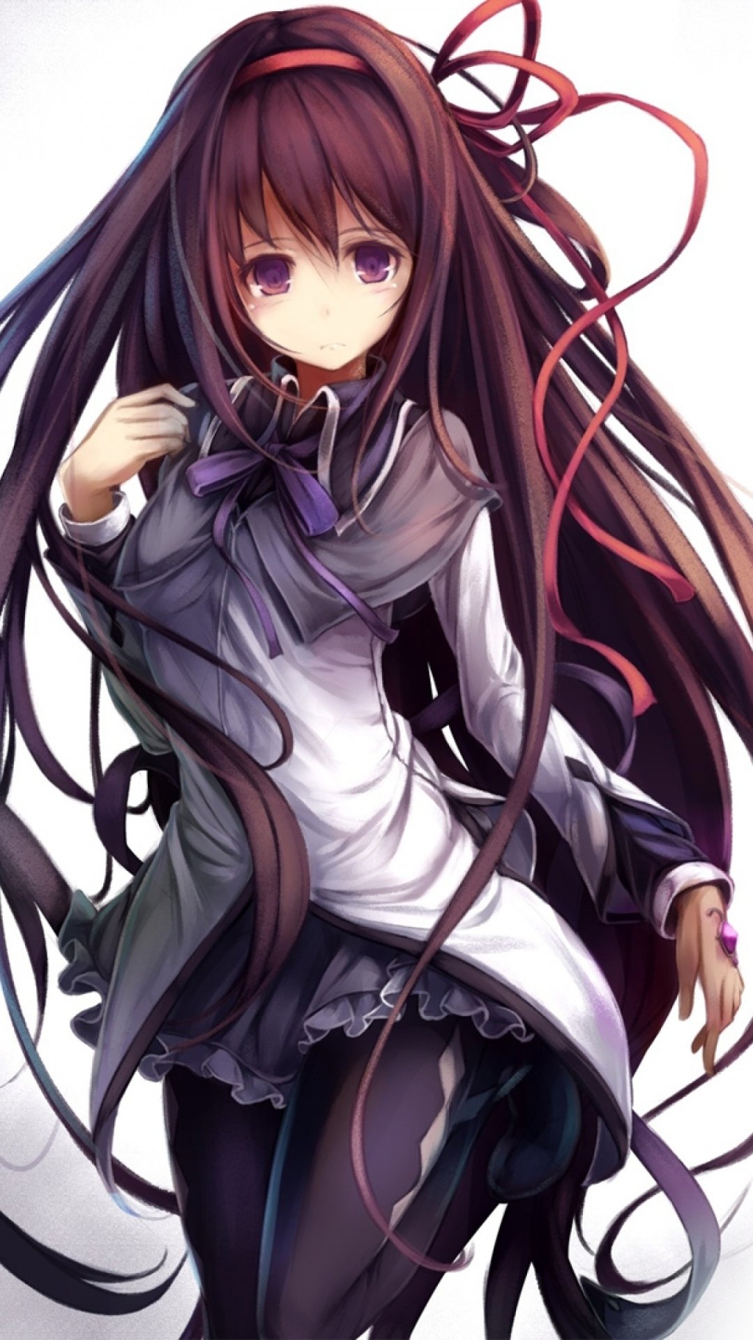 Phone wallpaper of Homura Akemi from Puella Magi Madoka Magica: anime portrait in a school uniform with very long black hair, purple eyes and flowing ribbons.