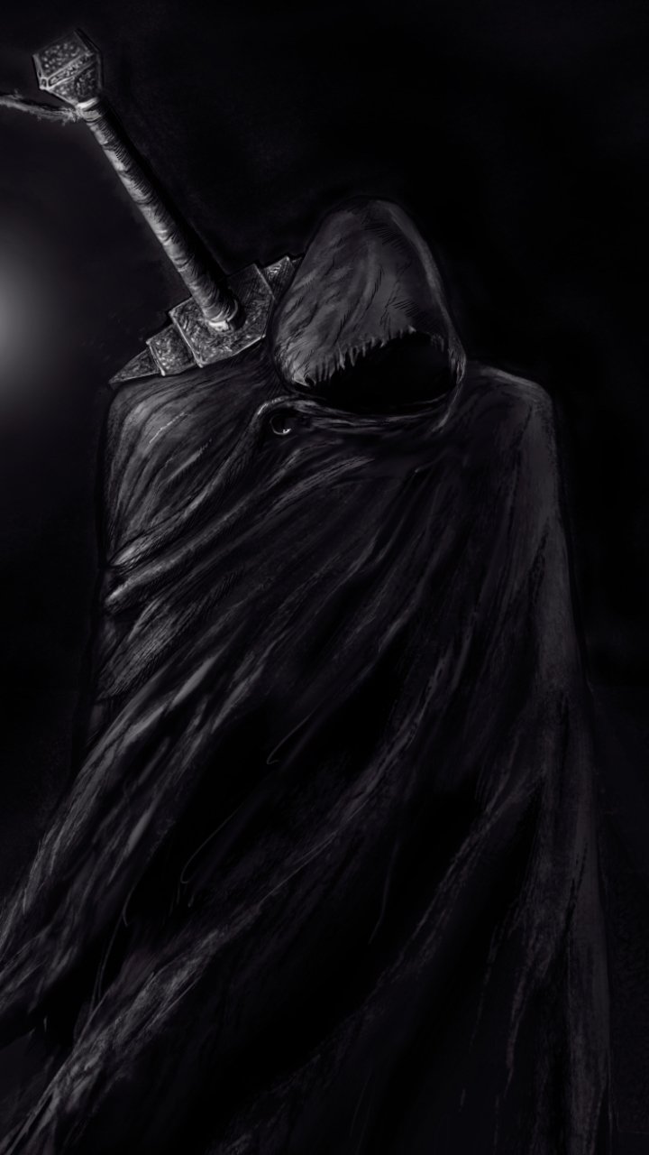 Dark, moody anime wallpaper featuring Guts from Berserk in a shadowy cloak, wielding his massive sword, designed for iPhone and Android screens.