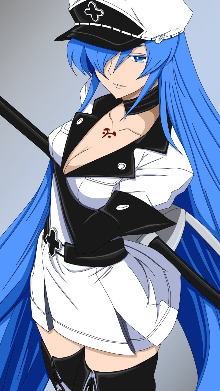 Anime phone wallpaper (Akame ga Kill!): blue-haired woman in a white military-style uniform and black gloves, holding a long pole weapon, confident expression.