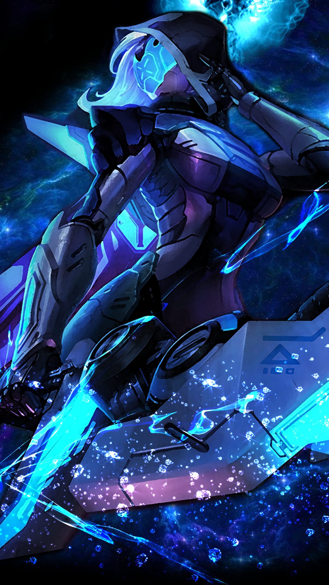 Phone wallpaper of Ashe (League of Legends): cyber-armored archer with glowing blue bow and arrows in a cosmic, energy-filled background — video game artwork.