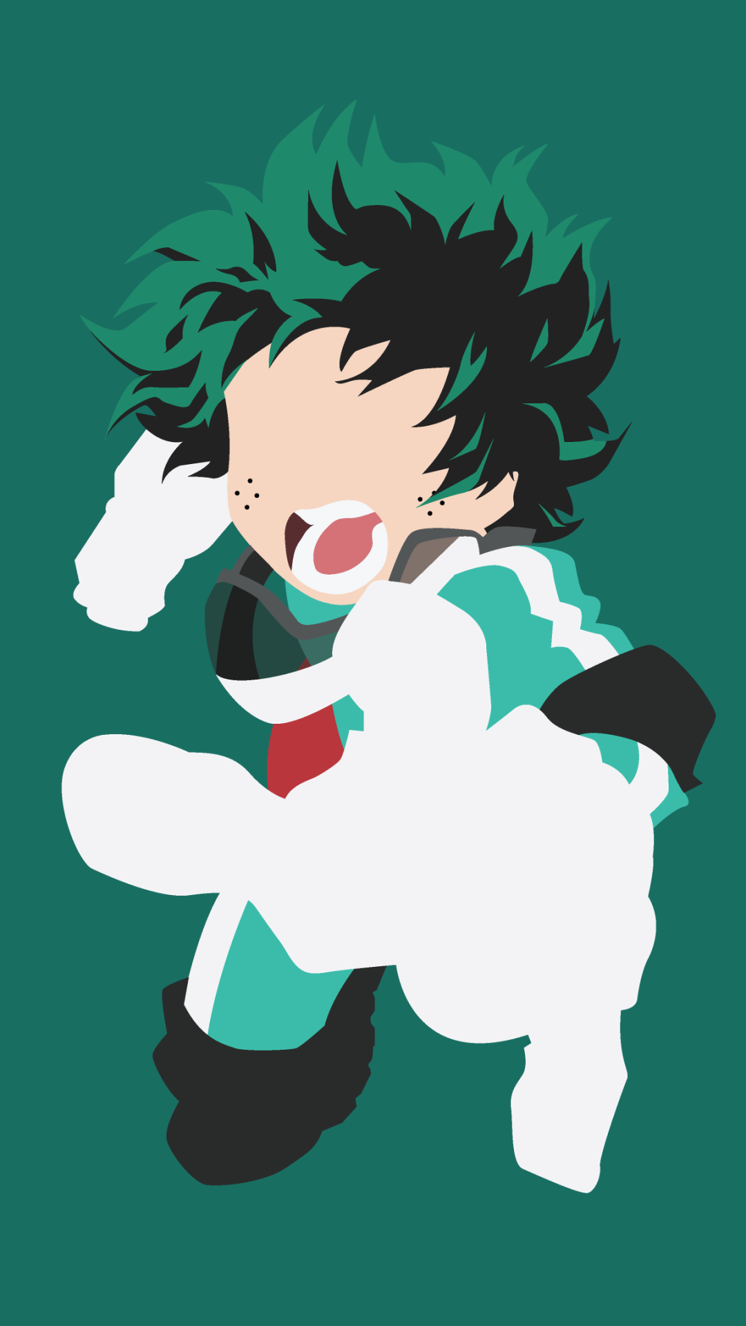 Anime phone wallpaper: Deku (Izuku Midoriya) from My Hero Academia, stylized flat art of him leaping toward viewer in teal-and-white hero costume on a solid teal background.