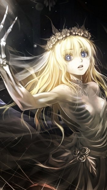 Dark anime original phone wallpaper: long blonde hair and blue eyes on a skeletal figure with wings, wearing a floral wreath and tattered gown — ethereal and haunting.
