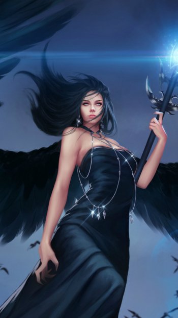 black hair black dress magic wings fantasy angel Phone Wallpaper