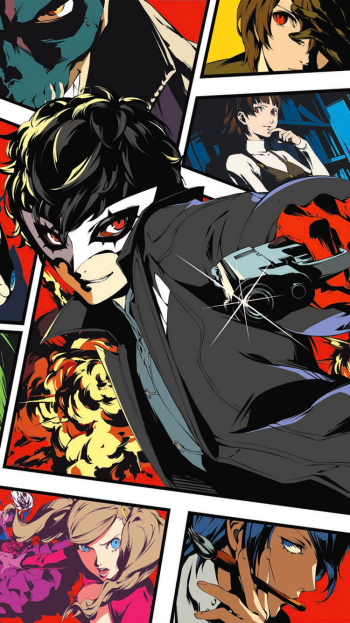 Dynamic Persona 5 wallpaper featuring Joker and the Phantom Thieves of Hearts in bold comic-style panels, designed for iPhone and Android displays.