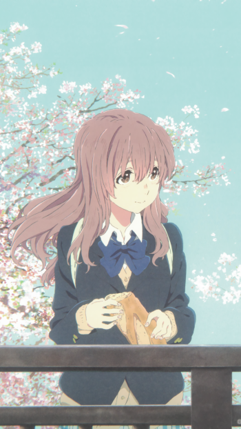 Phone wallpaper of Shouko Nishimiya from A Silent Voice, evoking her connection to Shouya Ishida; soft pastel cherry blossoms, pale blue sky and a gentle, contemplative expression.