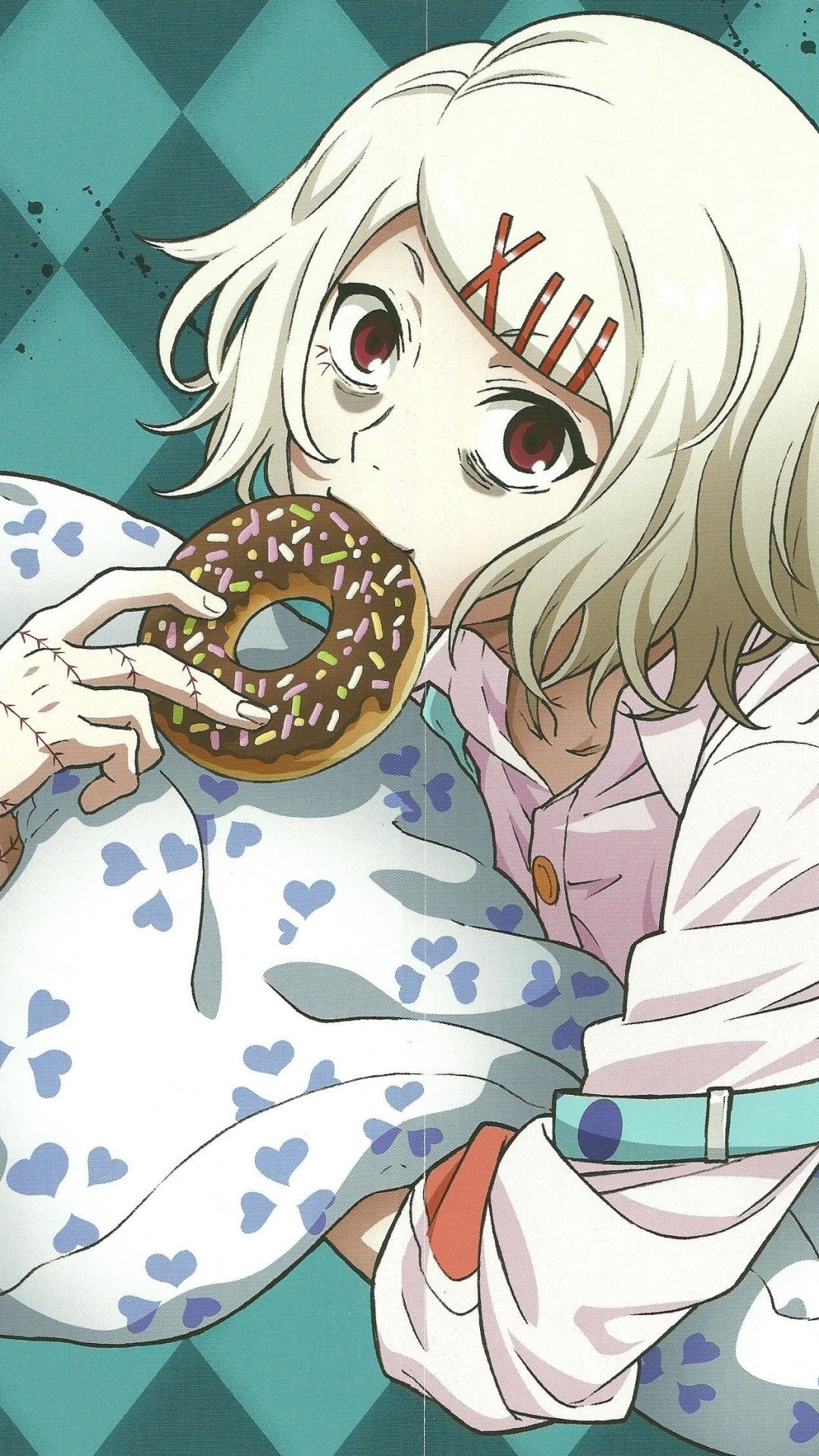 Phone wallpaper of Juuzou Suzuya (Anime, Tokyo Ghoul): pale-haired character on teal diamond background, holding a sprinkled donut, stitched forehead and hairpins visible.