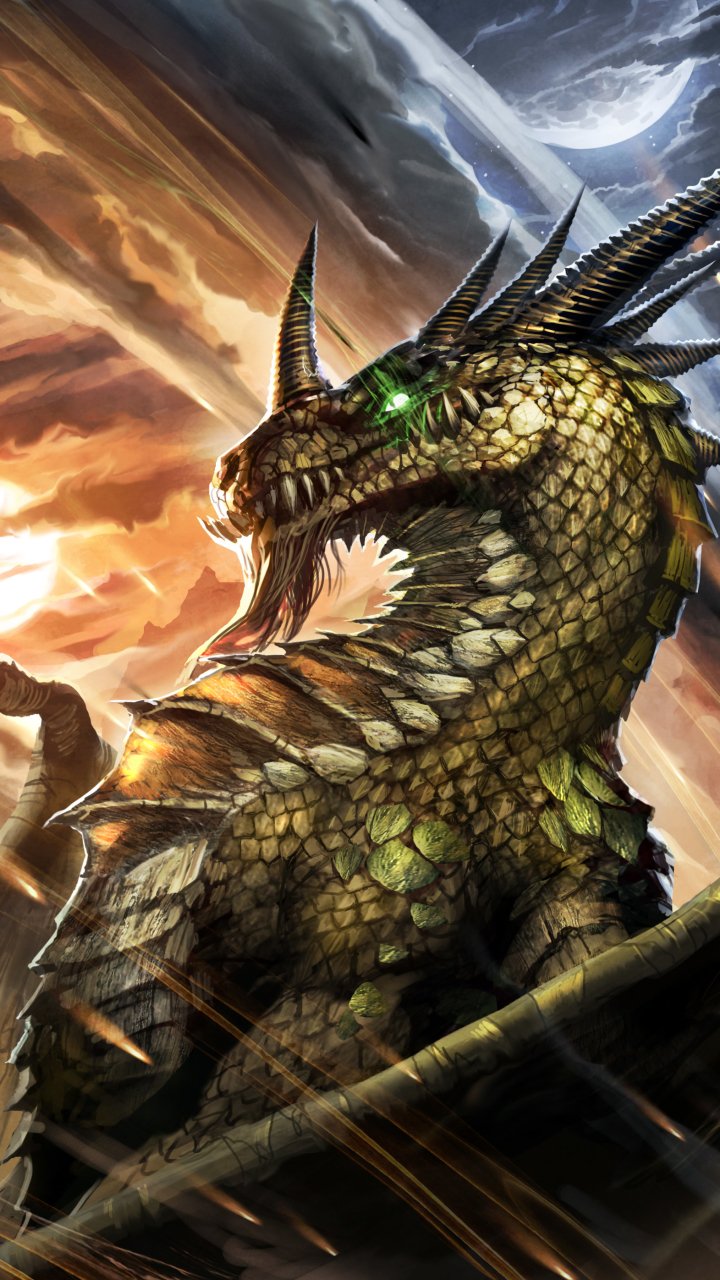 Fantasy dragon with an emerald eye and gold-green scales roaring beneath swirling storm and sunlit clouds — dramatic vertical phone wallpaper.