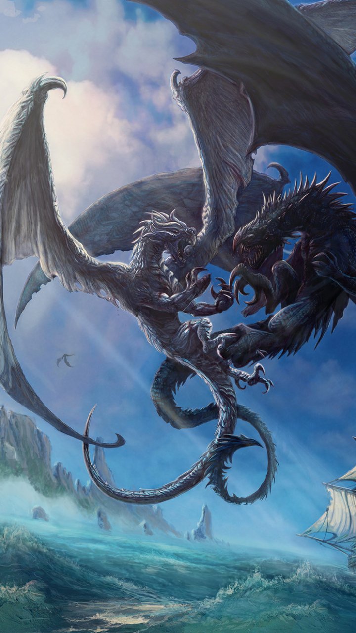 Phone wallpaper of two dragons fighting above roaring ocean waves, claws and wings locked, a small boat below amid spray—high-fantasy sea battle with towering waves.