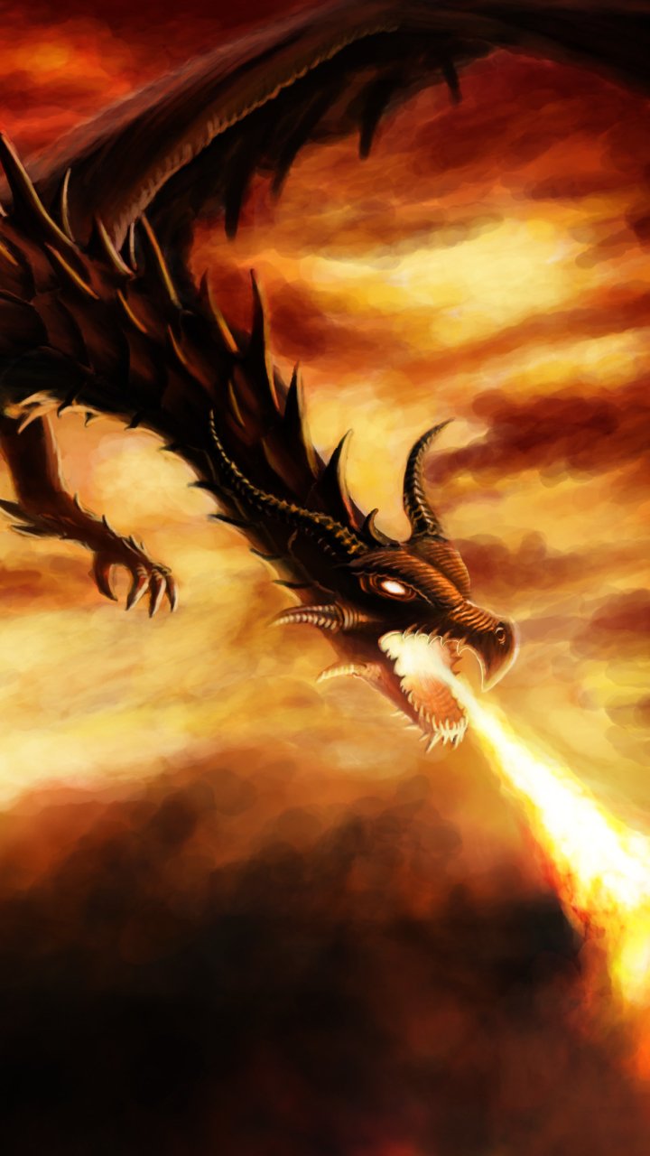 Vertical phone wallpaper of a Fire Dragon unleashing searing fire breath across an ember-lit, stormy sky.